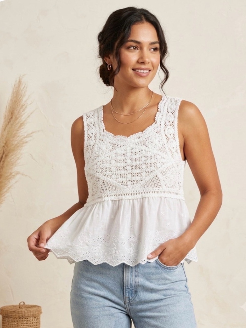 NWT Idem ditto Top Blouse Crochet Lace Cotton Blend